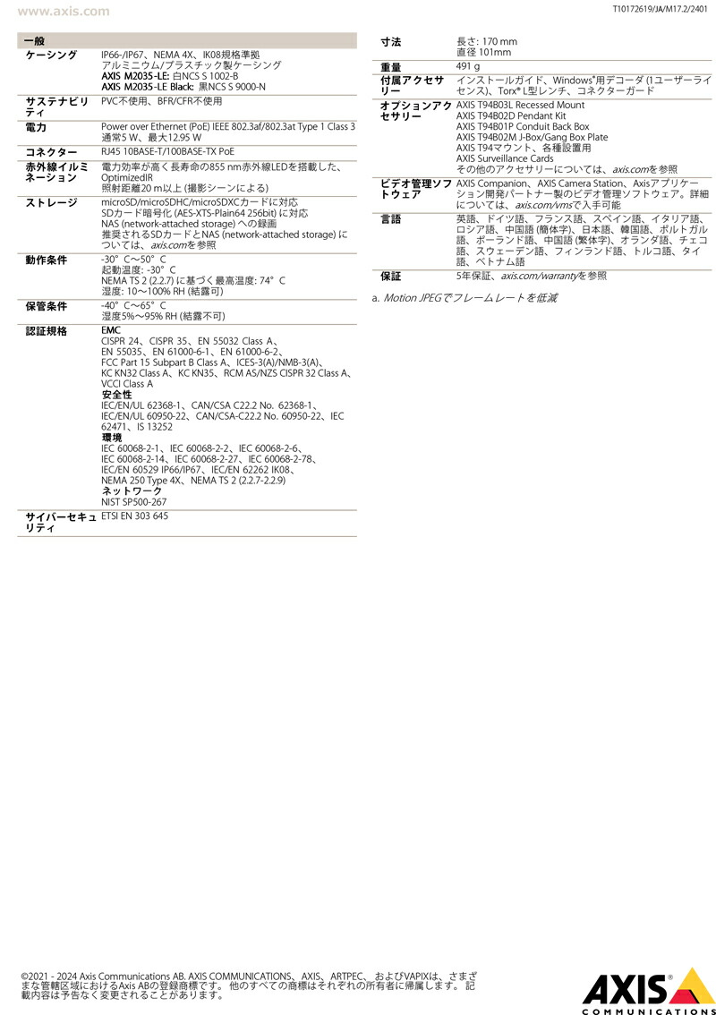 楽天市場】【新品・AXIS】M2035-LE ネットワークカメラ ﾊﾞﾚｯﾄ型