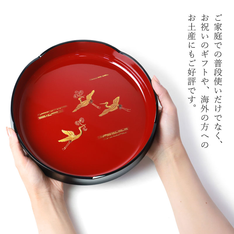 楽天市場】お盆 紀州漆器 菓子盆 菓子鉢 菓子器 黒内朱 24cm 吉兆鶴 鶴