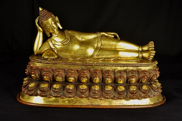 仏教美術 古銅鍍金 涅槃仏 寝釈迦仏 仏像 置物 H R7248 仏教美術 古銅