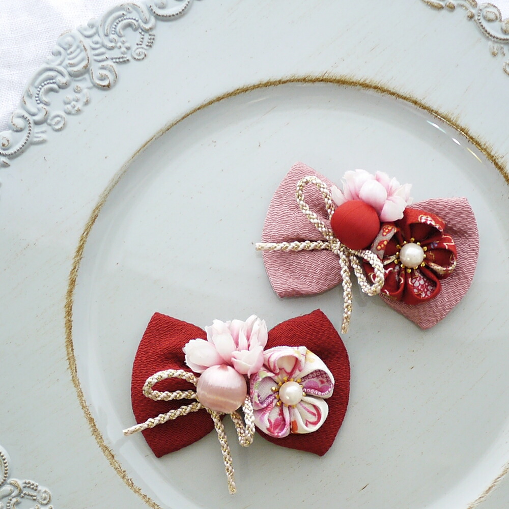 お正月仕様(水色②)つまみ細工付き和風リボン、わんちゃん猫ちゃん用