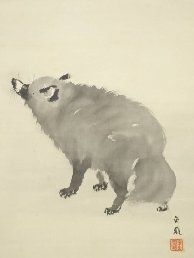 月下双狸図】望月金鳳 2501 満月に秋草小タヌキ 掛け軸 肉筆