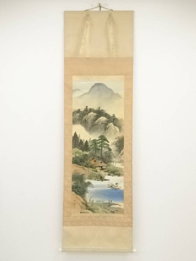 玄慧「渡水」絹本 肉筆保証 書 山水図 絵画 掛軸 南北朝時代の天台宗