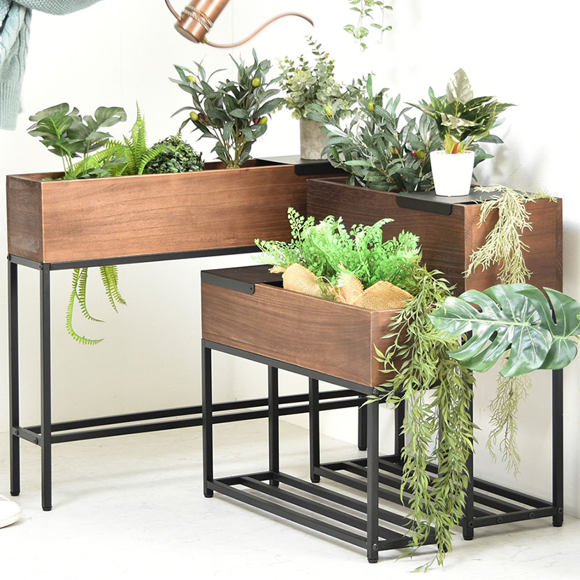 ブラウン 大容量 棚付き ウッド ワイドプランター ハンドメイド