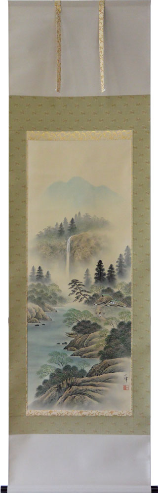 楽天市場】掛軸 彩色山水 保母一峰画(掛け軸 尺五立）幅54.5cm×丈190cm