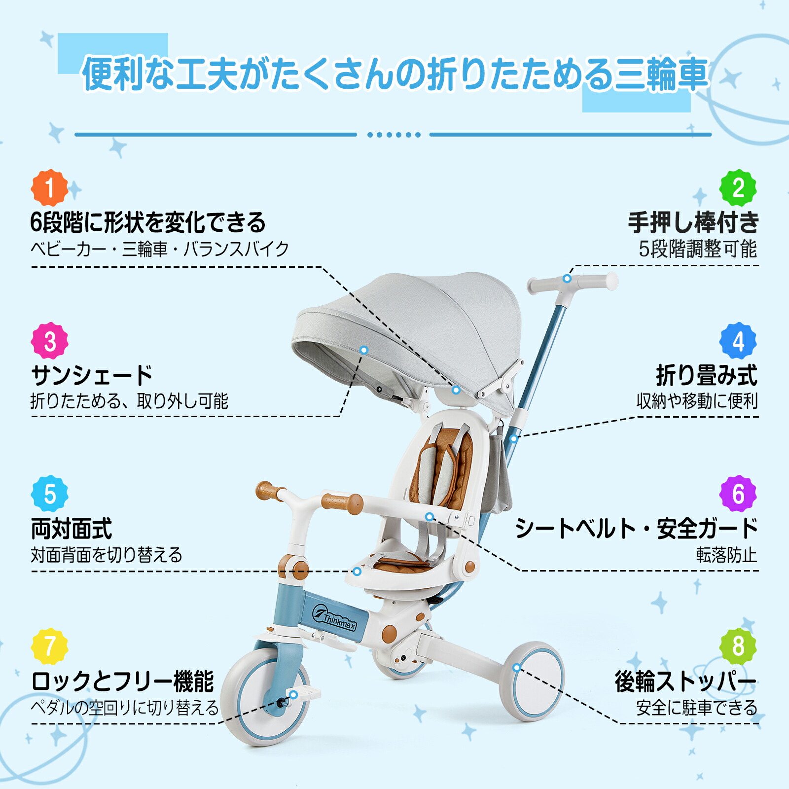 楽天市場】【お試し価格】 6in1 子供三輪車 三輪車 折りたたみ 手押し