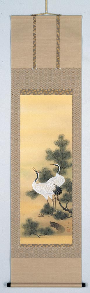 美品 掛け軸 田中芳夫作 双鶴図 共箱 太巻き付 縁起物 美品 掛け軸