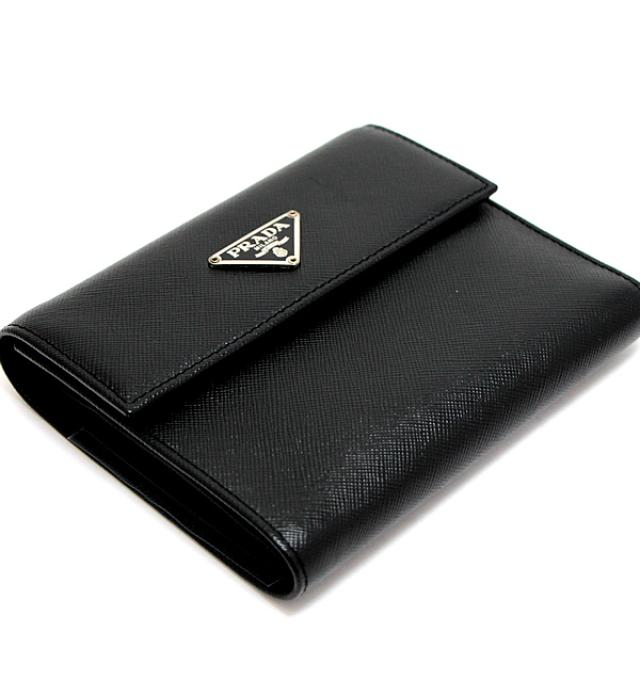 極美品✨PRADA プラダ 三つ折り財布 サフィアーノ ブラック 黒 三角