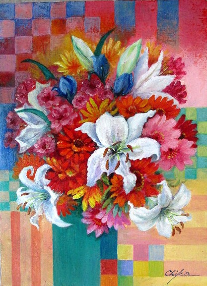 油彩画 洋画 (油絵額縁付きで納品対応可) F4 ～ F6 「ハッピーフラワー