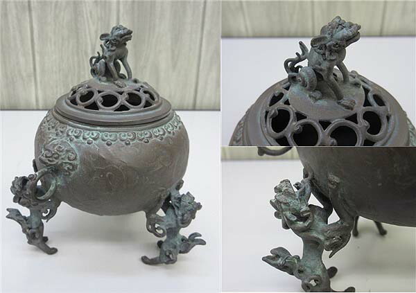 銅器 香炉 三足薫炉 獅蓋双獣耳香炉 仏堂を供えます炉 香道具 工芸品