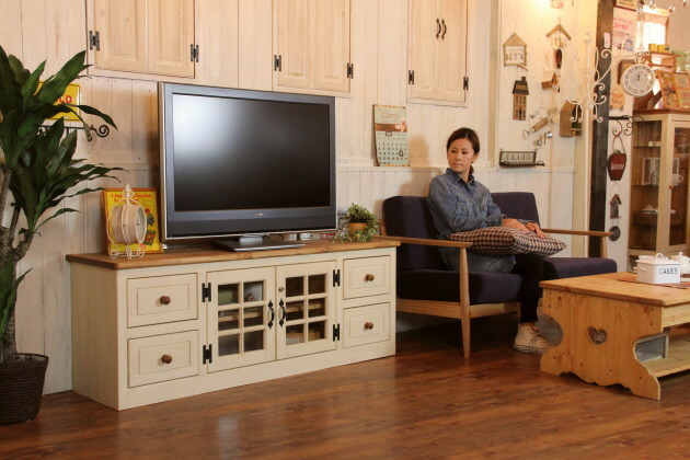 カントリー家具ホワイト木製テレビ台 ガラス扉付き カントリー家具