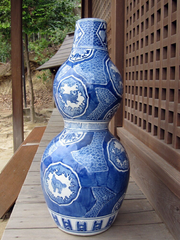 中国古玩 染付 双耳 大花瓶 高約43.2cm 清朝 時代物 中国美術 花瓶