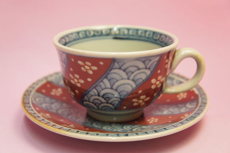 五代 佐藤走波 七十五才 染錦向日葵文カップ＆ソーサー コレクター