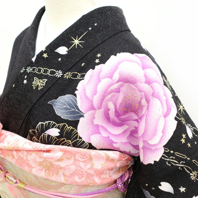 楽天市場】【中古】 振袖 着物 正絹 袷 金彩加工 刺繍 銀通し 黒 紫