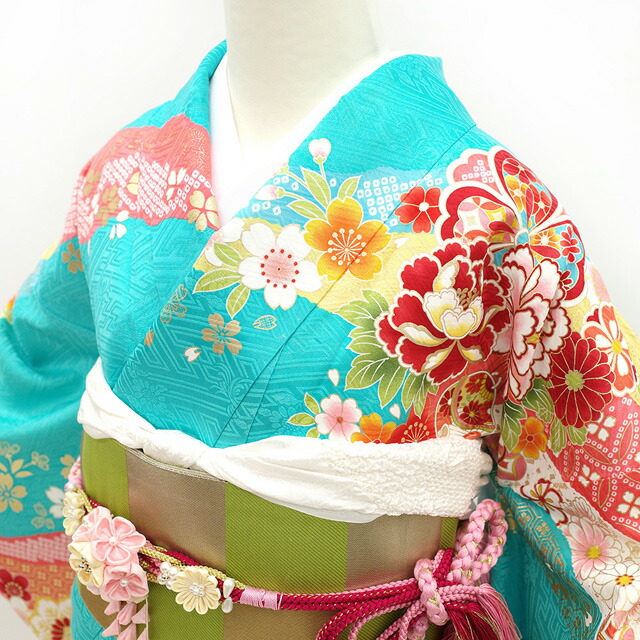 楽天市場】【新品】 振袖 着物 正絹 袷 金駒刺繍 水色 ピンク 牡丹 菊