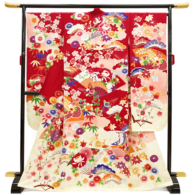 楽天市場】【新品】 振袖 着物 正絹 袷 Wedding BOX 赤 扇 松竹梅 菊