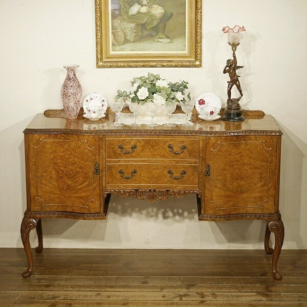 送料込】アンティーク家具猫足木製チェストサイドボード象嵌英国風