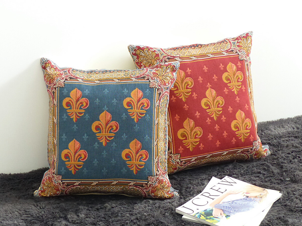 アンティークフランス 赤と青の手刺繍 クッションカバー 衣装ケース
