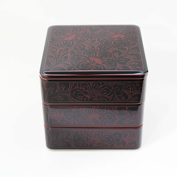 楽天市場】重箱 3段 木製 漆塗り 溜内朱 牡丹 朱沈金 6.5寸 日本製