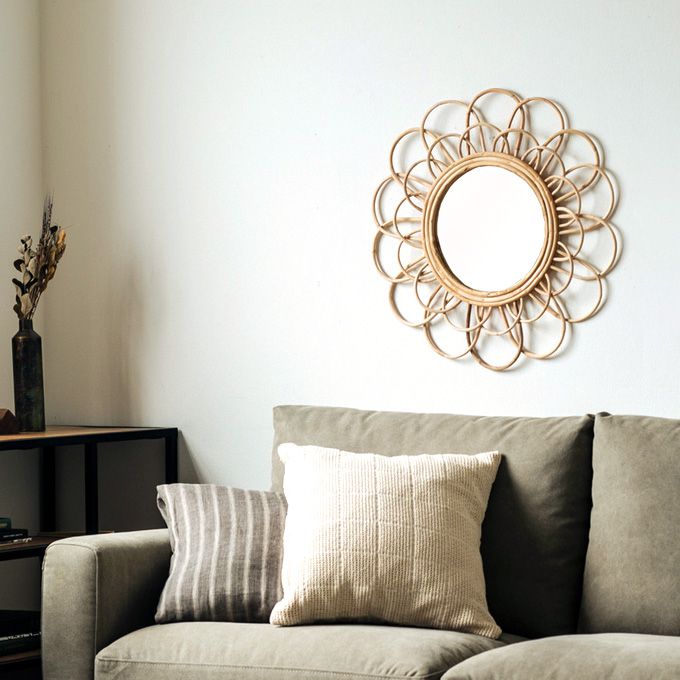 ラタン 籐家具 ウォールミラー 壁掛け鏡丸型 オールドラタン