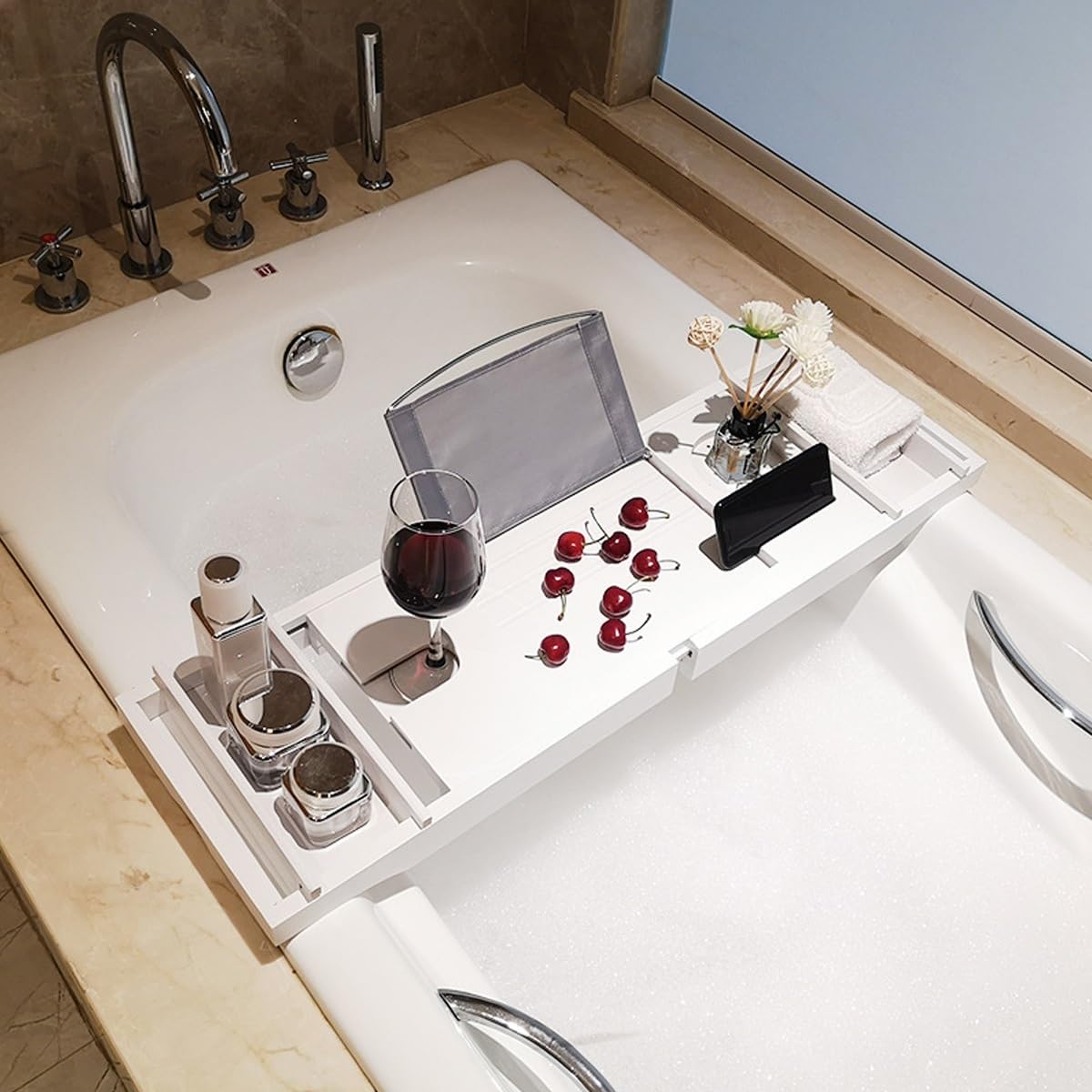 楽天市場】バスタブトレー お風呂 テーブル 竹製バストレイ 格納式