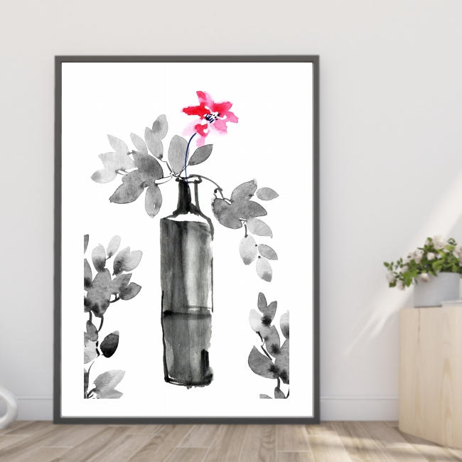 楽天市場】【送料無料】アートポスター【水墨画風-縦長のツボに赤い花