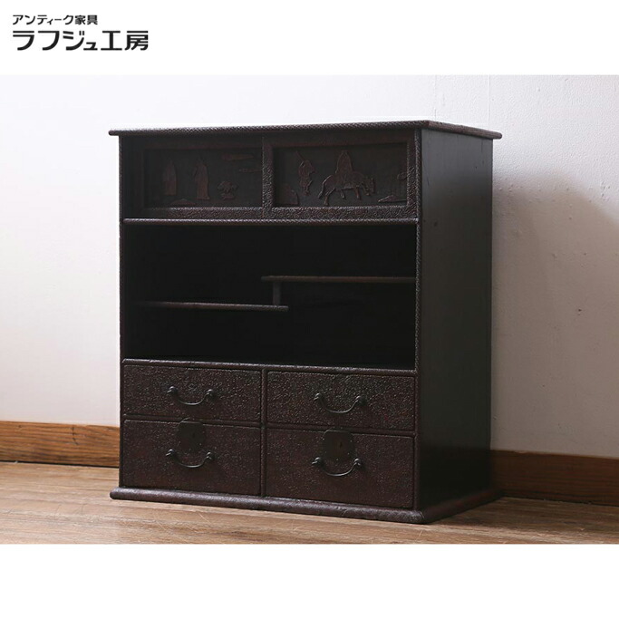 黒塗螺鈿箪笥飾り棚玉石木製箪笥花鳥模様