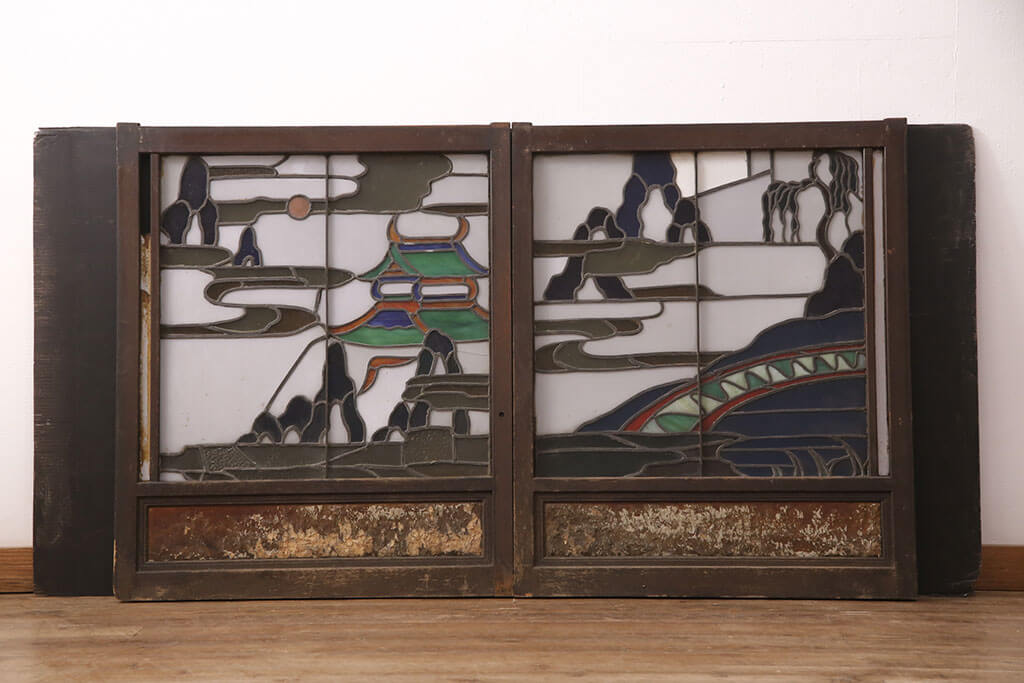 都内引き取り限定】超希少☆和のステンドグラス☆オリジナル木製窓枠