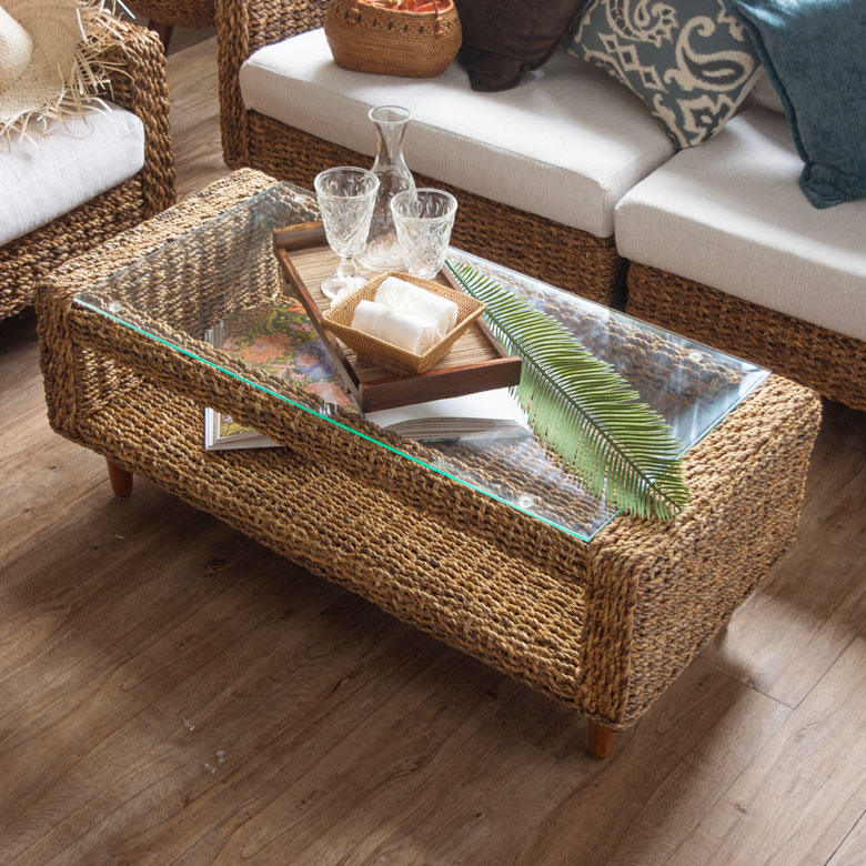 ラタン ガラス センターテーブル リビングテーブル 70cm アジアン