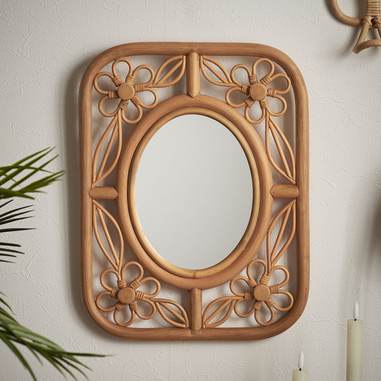 楽天市場】ミラー 鏡 ラタン 籐 取り付け用フック付き 約 W 32.5cm D