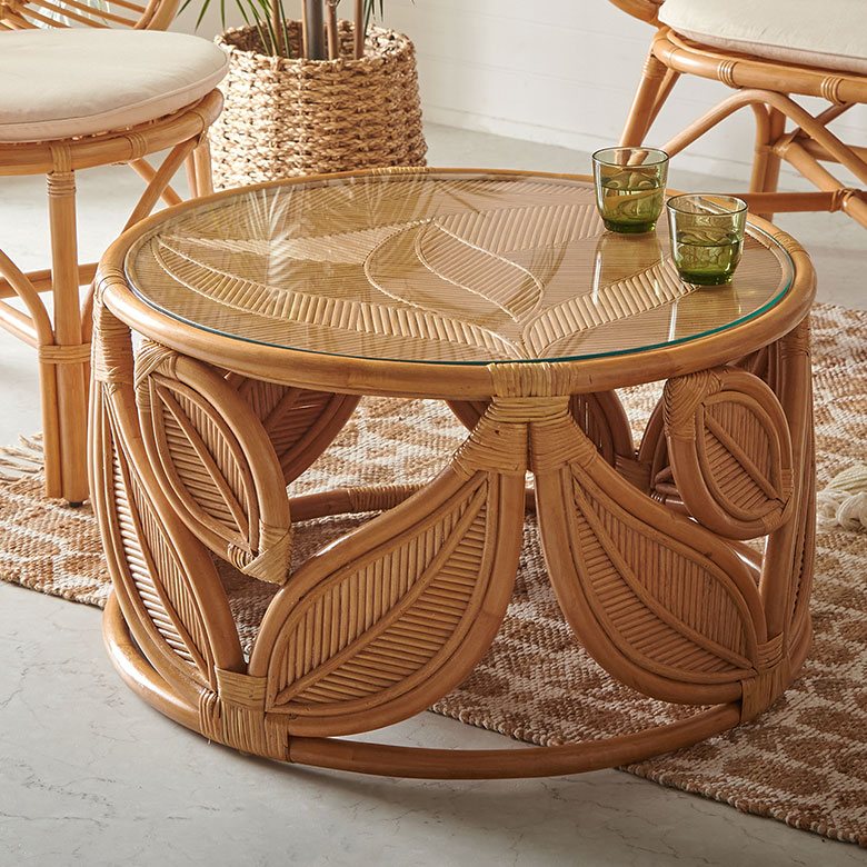 ⭐️即決価格⭐️ラタンサイドテーブル 丸型ガラステーブル 藤 天板