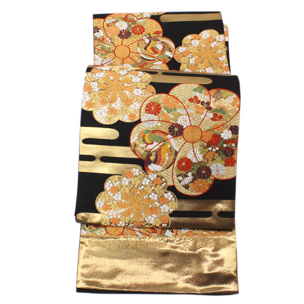 E371】厳選西陣唐織揺らめく光沢の美ヱ霞に四季花文六通高級純金糸美術袋帯