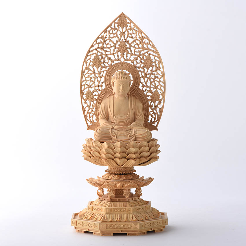 仏像 柘植 木彫 座釈迦 台座付 飛天光背 アクリルケース付き 18 仏像