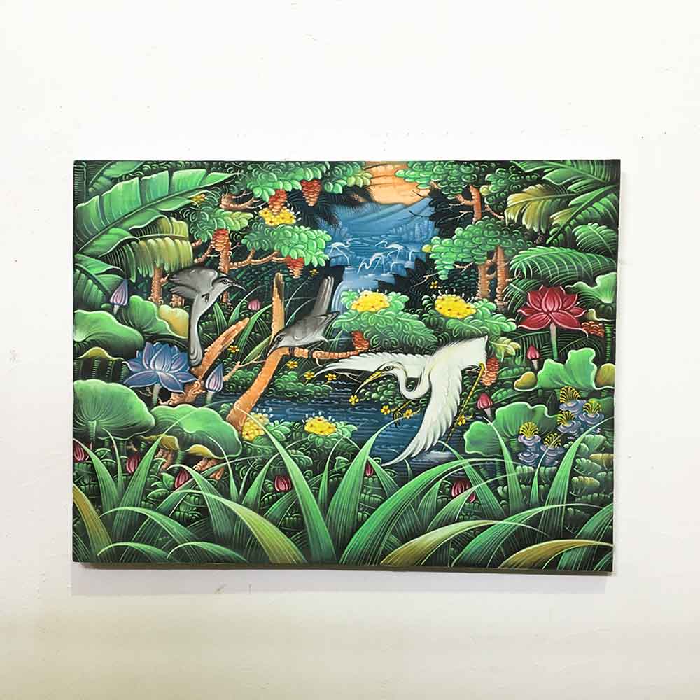 大きめ バリアート プンゴセカン バリ島 絵画 自然 鳥 花 アート