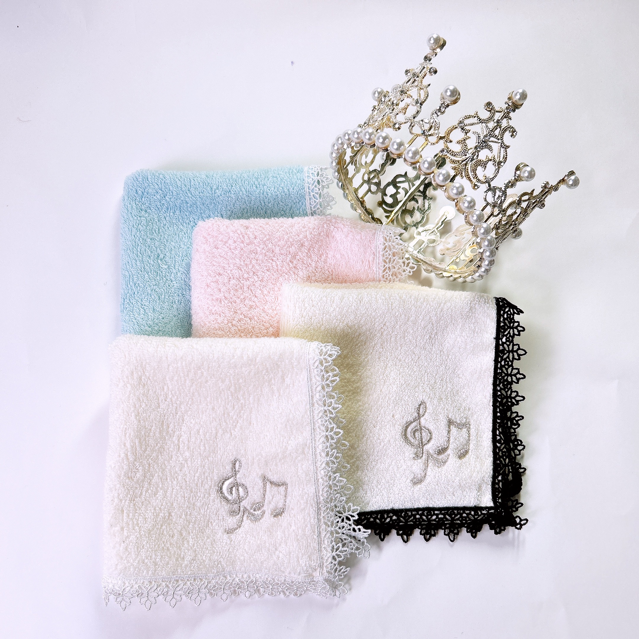 楽天市場】音楽 タオル 音符 タオル ハンカチ A 刺繍 レース 銀糸