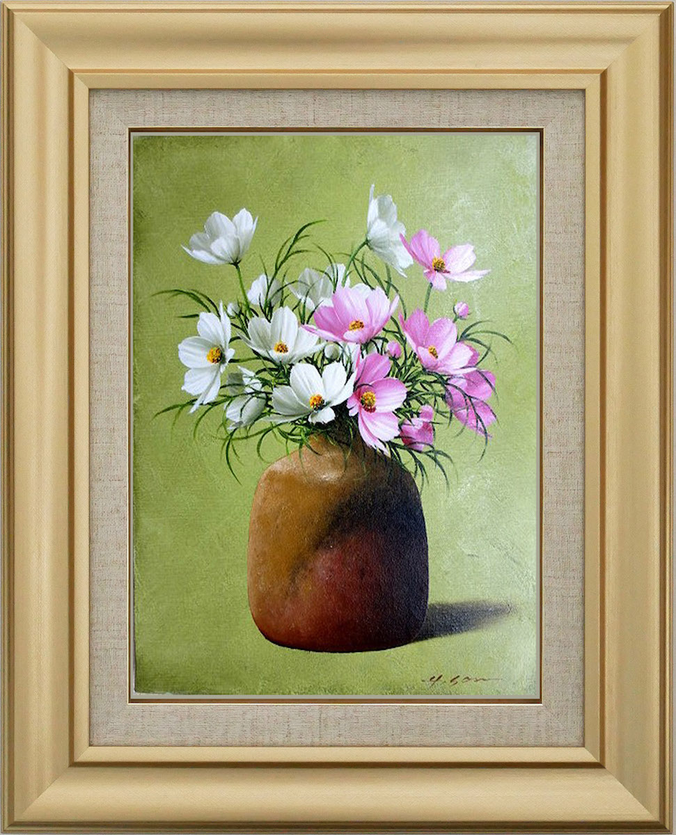 乳白ガラス 手描き花文 花瓶 ヴィンテージ深川陶器花瓶：手描き鳥と花