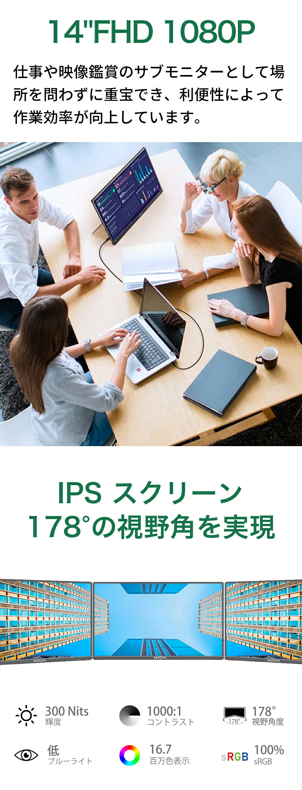 楽天市場】ARZOPA モバイルモニター 14インチ｜フルHD・非光沢IPS