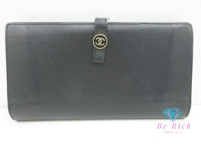 新品同様 シャネル ココボタン 二つ折り長財布 ブラック カーフレザー