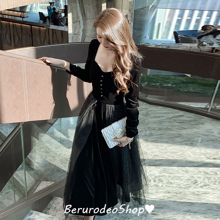 楽天市場】ワンピース ベロア ベルベット 黒 ブラック ロング