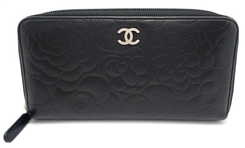 シャネル ラウンドファスナー長財布カメリアココマーク ラムスキンブラック
