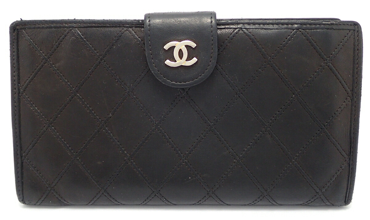 OLD CHANEL/シャネル ココステッチ がま口長財布 ラムスキン ブラック