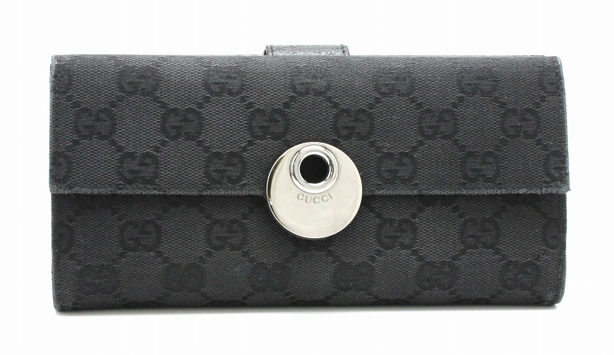 GUCCI 長財布 二つ折り シマ Wホック 型押し レザー ブラック