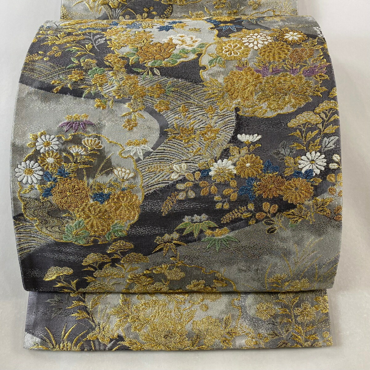 楽天市場】袋帯 美品 秀品 雪輪 草花 金銀糸 箔 灰紫 六通 正絹 【中古