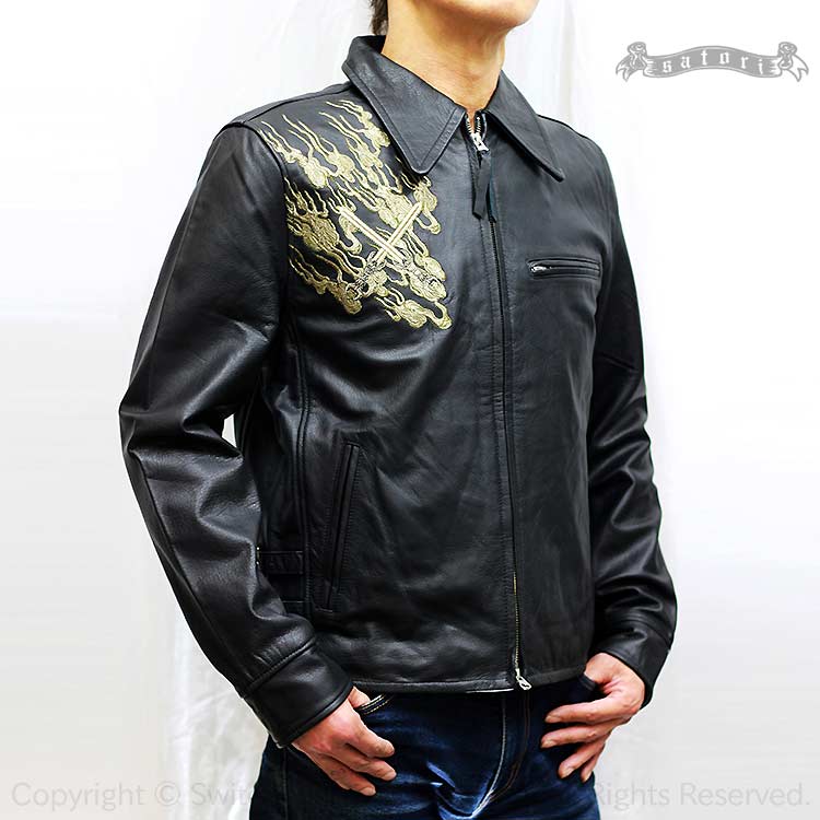楽天市場】さとり 火焔阿修羅刺繍 襟付き 本皮 レザー ライダース