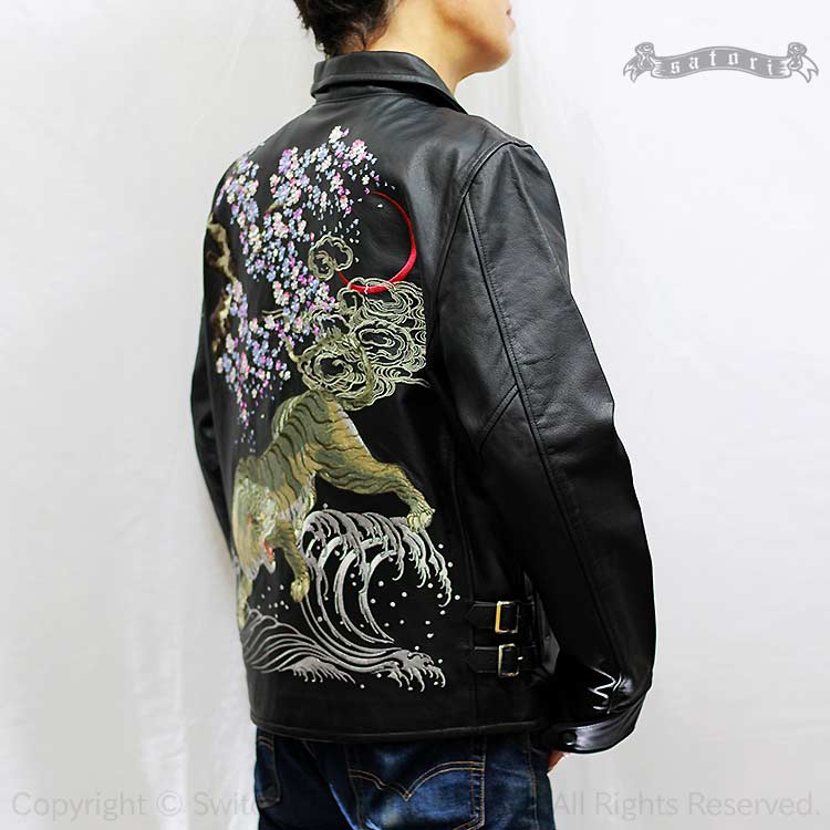 楽天市場】さとり 桜に波白虎刺繍 襟付き 本皮 レザー ライダース