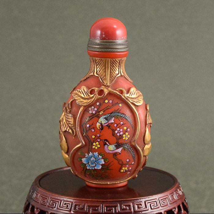 手書き鼻煙壺 送料無料 作家サインあり 手書き鳳凰・松鶴図 内画鼻煙壺