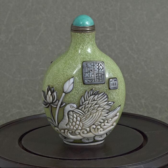 ♢中国 古玩 古美術品 ガラス絵 化粧入 蓋付き瓶 壺 化粧道具 鼻煙壺