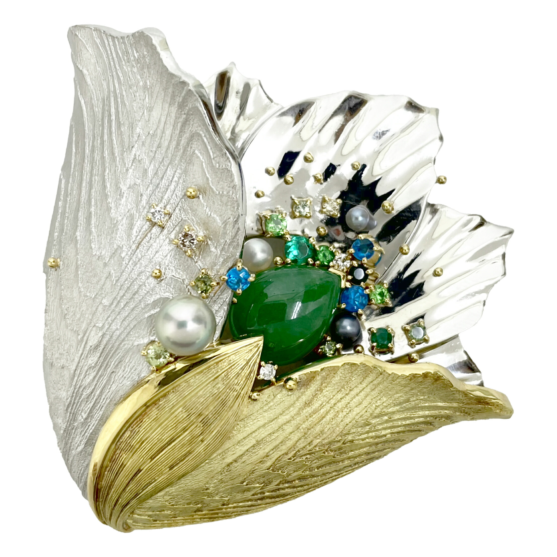 鳥型ブローチ Pt エメラルド ダイヤ