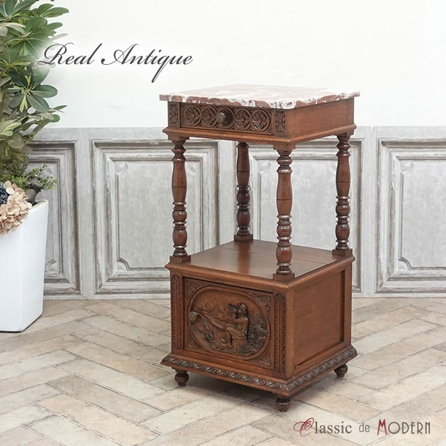 フランスアンティーク大理石キャビネット/ナイトテーブル机/飾り棚(86