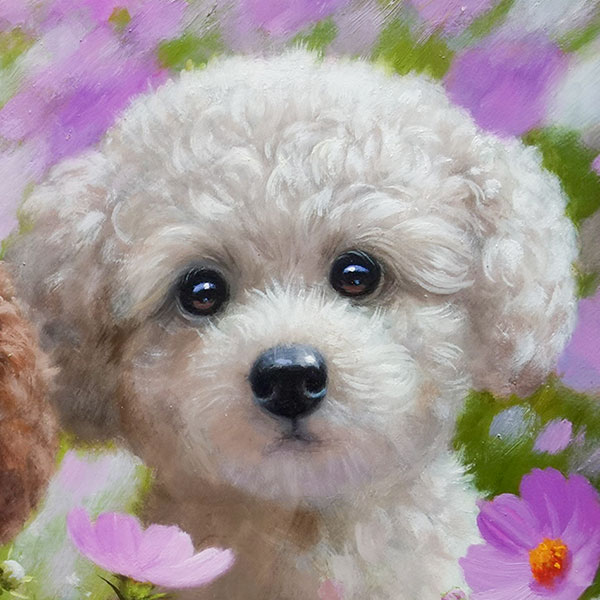 楽天市場】油彩画 長岡卓 「なかよし（トイプードル）お花のなかで