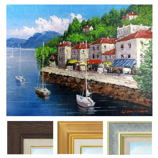 ボートと港の風景画 油彩 ボートと港の風景画 油彩 Landscape with